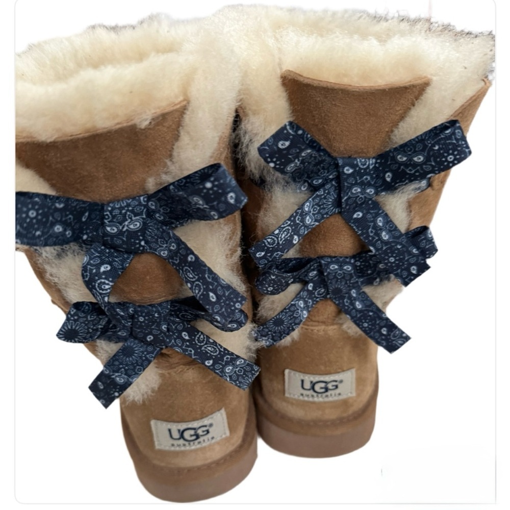UGG Tan Boots with Navy Bows